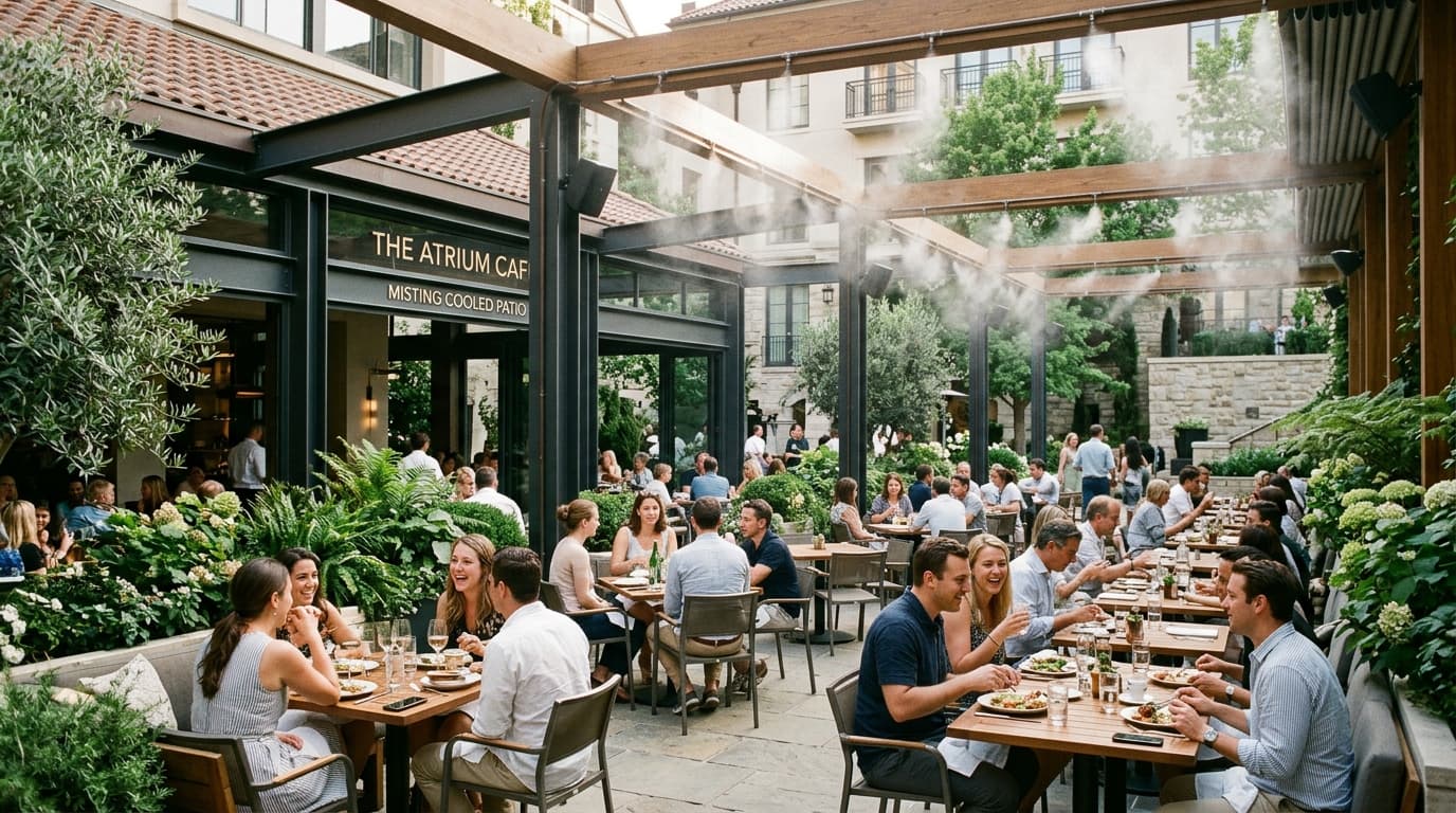 High-end cafe patio bustling with patrons and engineered misting cooling the area