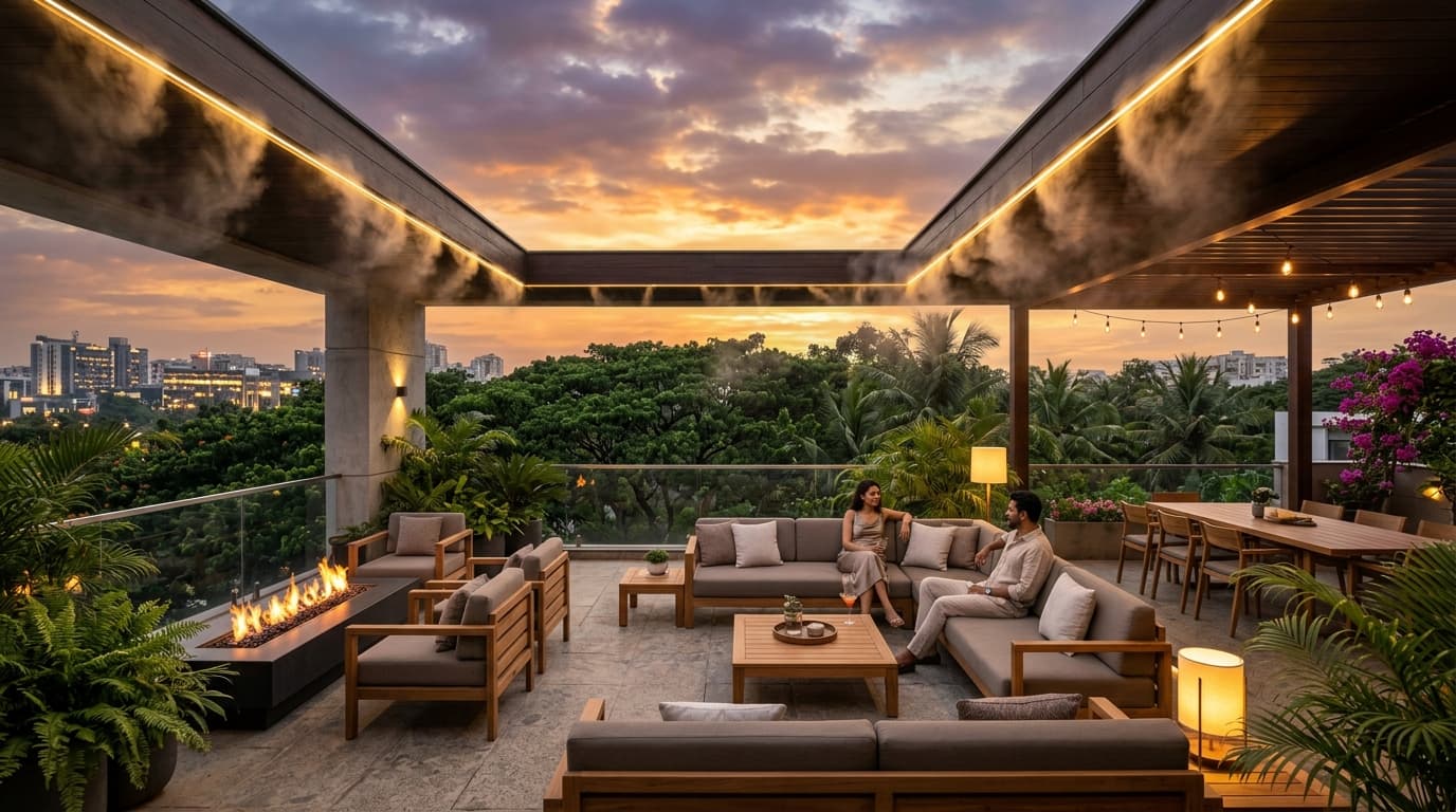 A highly photorealistic, cinematic wide-shot of a modern luxury outdoor patio at sunset with elegant mist