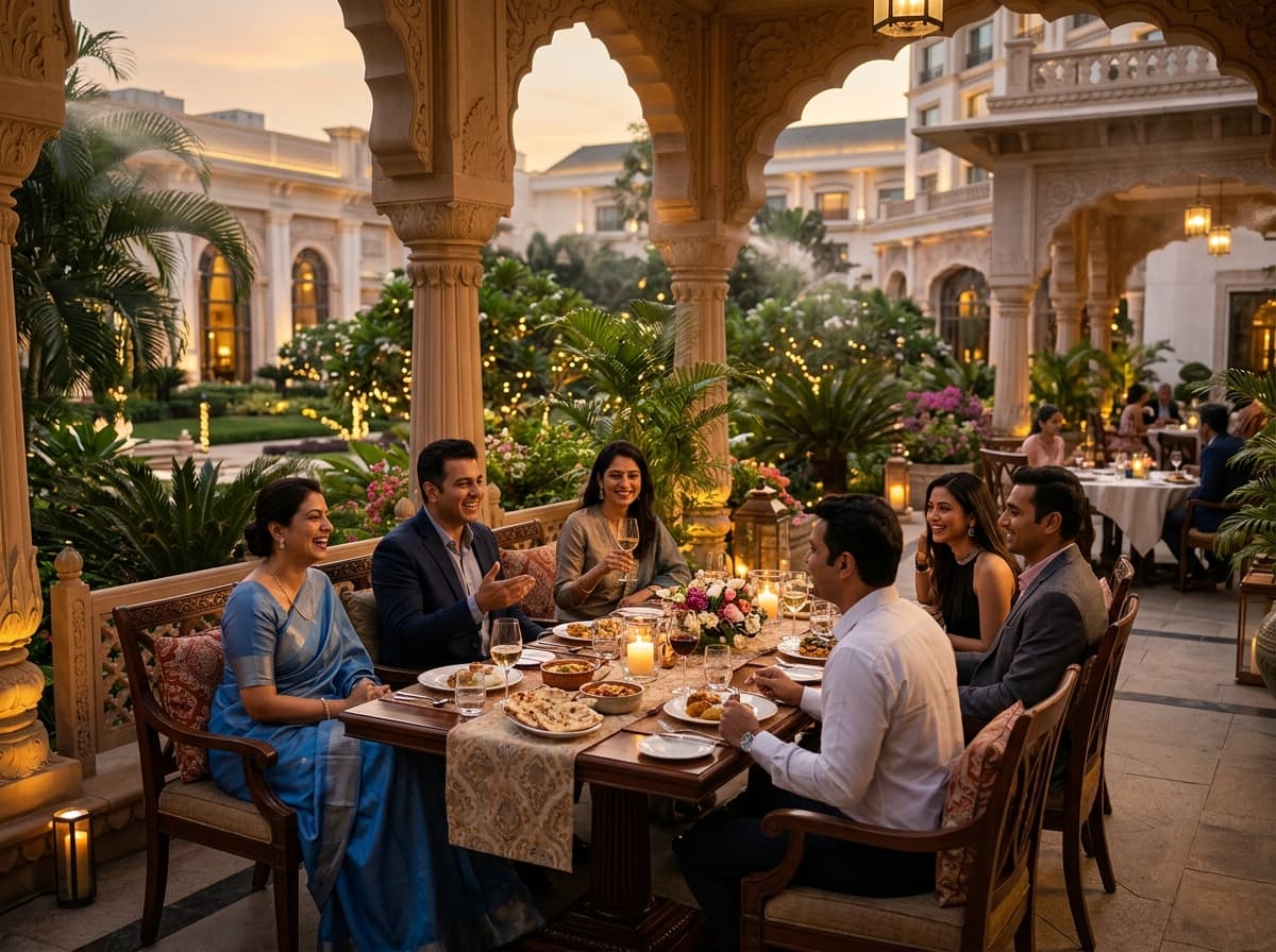 Engineering team reviewing plans on an upscale Bengaluru patio