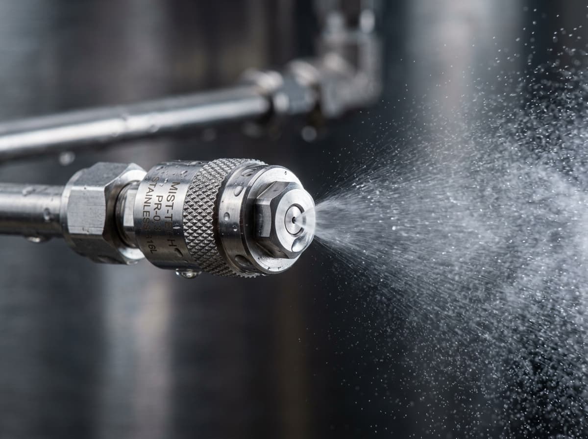A photorealistic macro close-up of a premium stainless-steel misting nozzle releasing a fine mist
